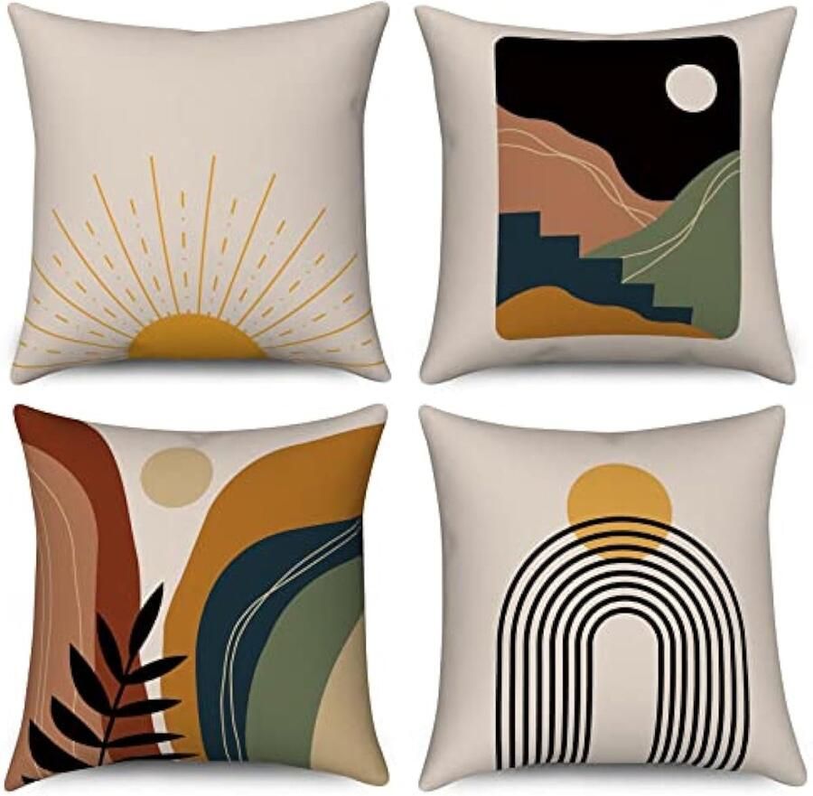 Selbro Kussenslopen 40 x 40 cm set van 4 abstracte zon zonsopganglijn regenboogberg decoratief Kussenhoezen natuur landschap moderne kunst linnen Kussenslopen voor slaapbank home decor