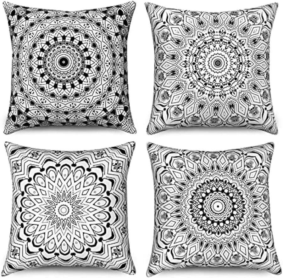 Selbro Kussenslopen 40 x 40 cm set van 4 zwart retro bloemen mandala-kompasmedaillon boheemse decoratieve Kussenhoezen linnen Kussenslopen voor bank buiten tuin woondecoratie