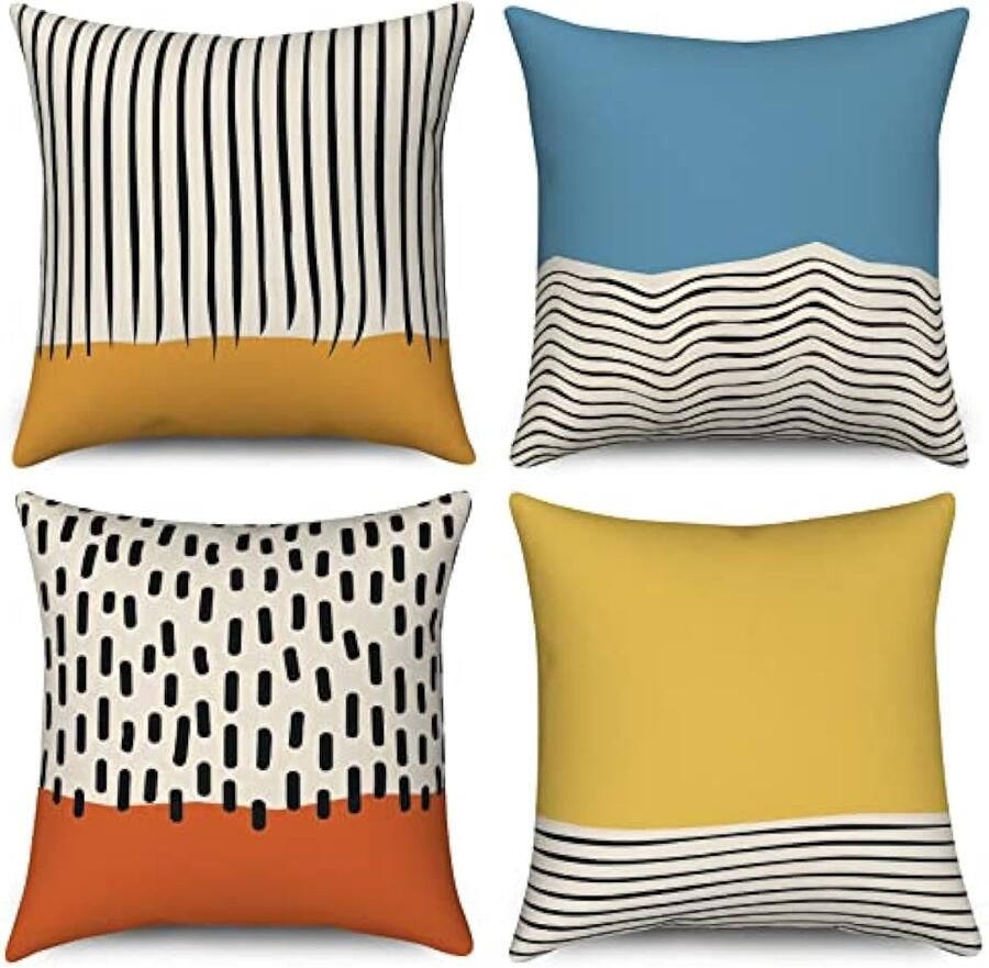 Selbro Kussenslopen 50 x 50 cm set van 4 midden eeuw abstracte moderne geometrische decoratieve Kussenhoezen blauw geel verbrand oranje linnen Kussenslopen voor bank outdoor home decor
