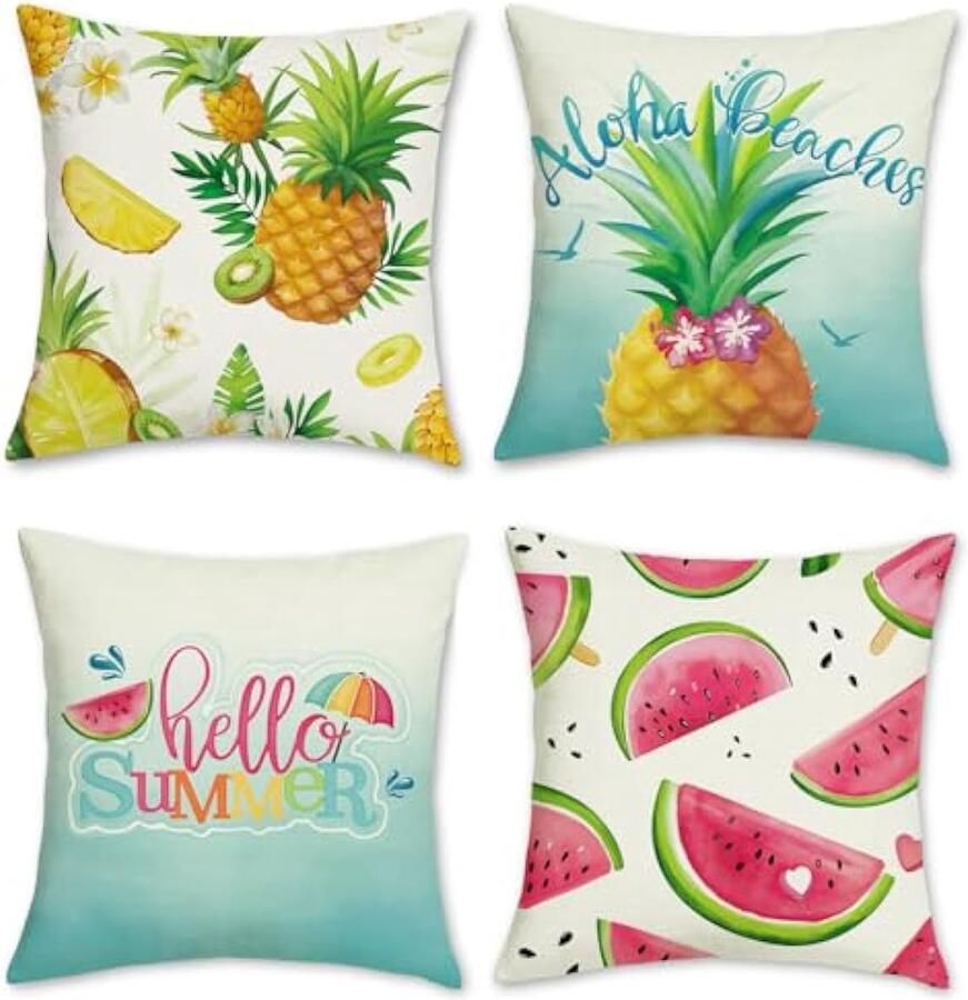 Selbro Kussenslopen zomer fruit 45 x 45 cm kussensloop watermeloen ananas polyester linnen sierkussen voor slaapbank thuis outdoor set van 4