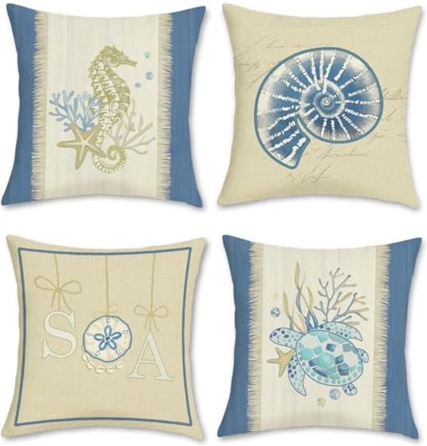Selbro Kussenslopen zomer kust 45 x 45 cm decoratieve Kussenslopen zeeschildpad zeepaardschelp kussensloop bank woondecoratie set van 4