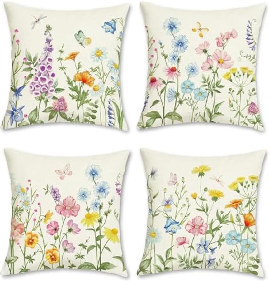 Selbro Lente bloemen Kussenhoezen 45 x 45 cm kleurrijke bloemen bladeren decoratief sierKussenslopen voor slaapbank bank bed huis tuin buiten zomer lente decor set van 4