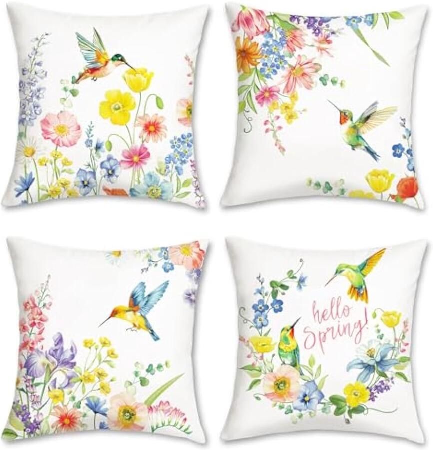 Selbro Lente bloemen Kussenhoezen 45 x 45 cm kleurrijke bloemen kolibries decoratieve sierKussenslopen voor slaapbank bank bed huis tuin patio decor set van 4