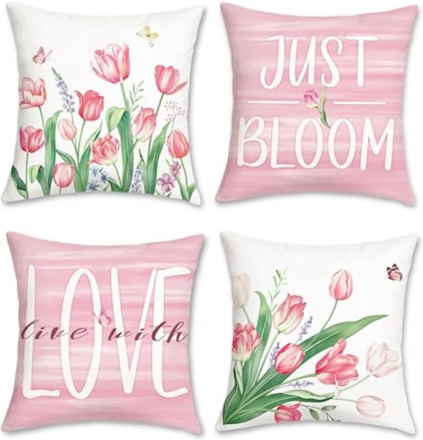 Selbro Lente bloemen Kussenhoezen 45 x 45 cm roze tulpen vlinders zacht fluweel decoratief sierKussenslopen voor bank bed tuin huis outdoor decor set van 4