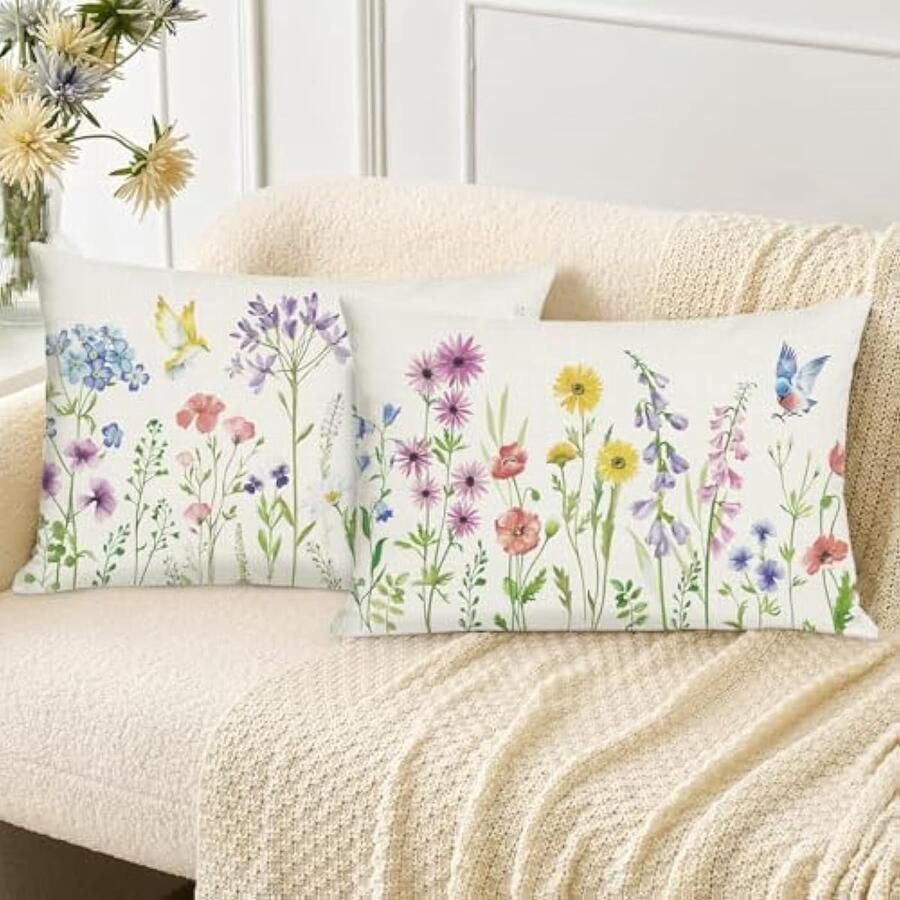 Selbro Lente bloemen Kussenslopen 30 x 50 cm tuin bloemen vogels polyester linnen sierKussenslopen voor slaapbank bank bed thuis outdoor decor set van 2