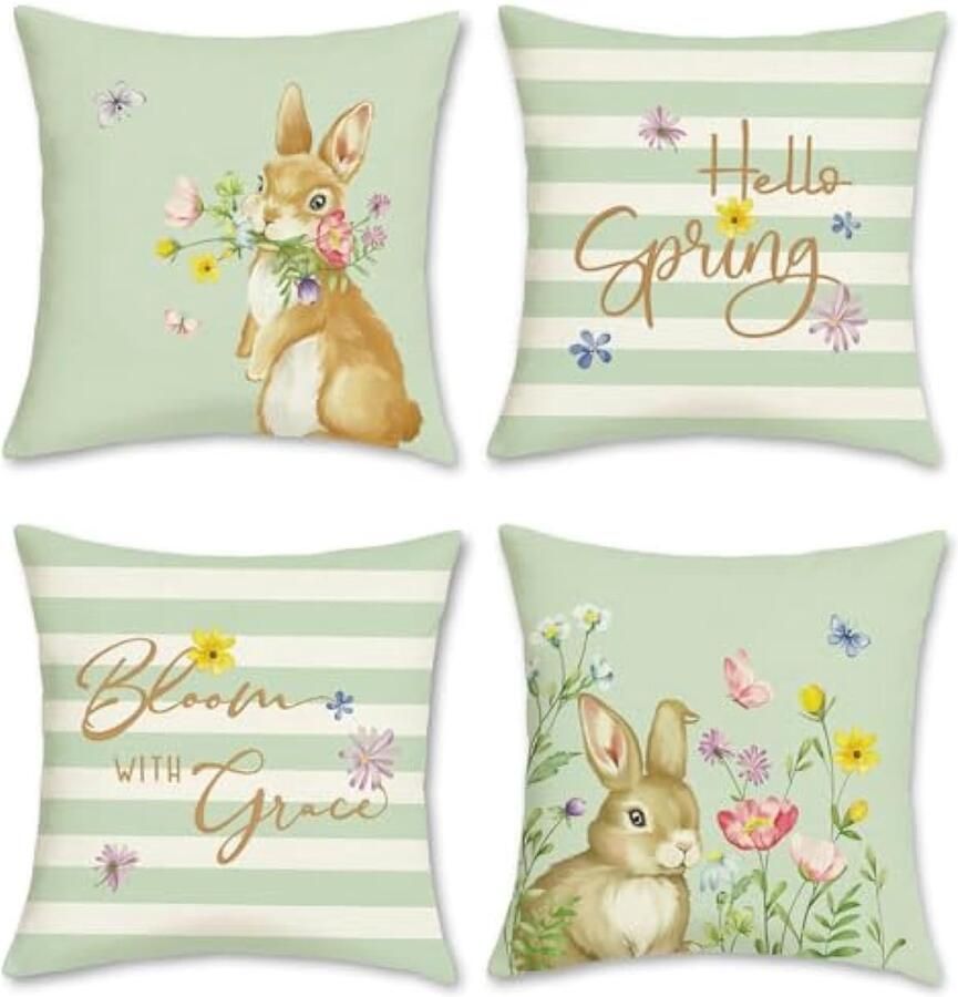 Selbro Lente konijntje Kussenslopen 45 x 45 cm konijnen bloemen groene strepen polyester linnen decoratief sierKussenslopen voor slaapbank thuis tuin Pasen decor set van 4