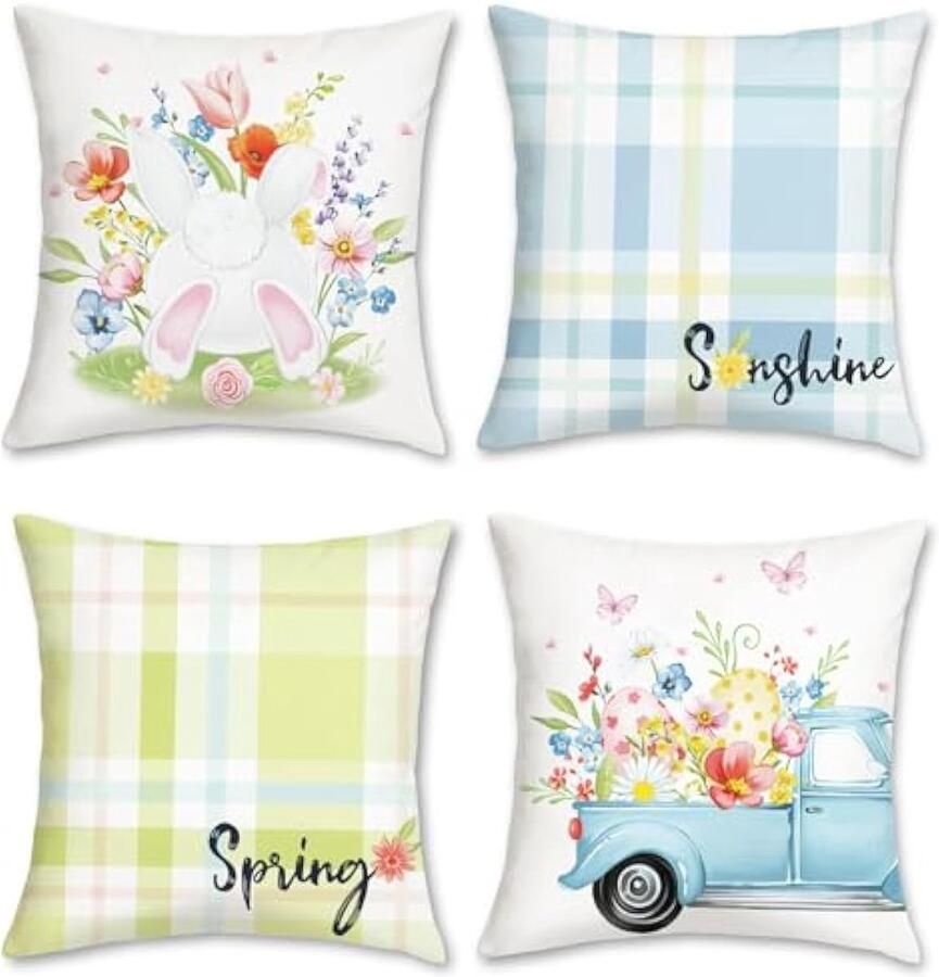 Selbro Lente Pasen Kussenhoezen 45 x 45 cm Konijn Bloemen Paaseieren Truck Decoratieve SierKussenhoezen voor Sofa Bank Bed Thuis Tuin Lente Pasen Decor Set van 4