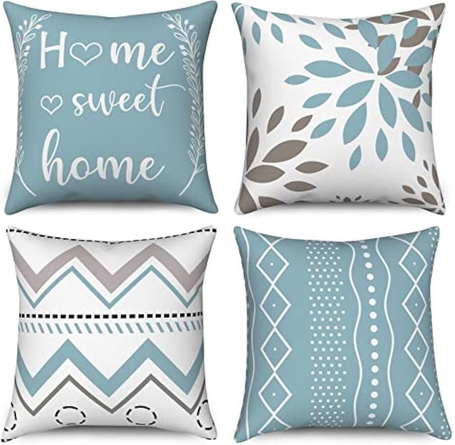 Selbro Lichtblauwe Kussenhoezen 50 x 50 cm set van 4 thuis Sweet Home Bloemen Geometrische Decoratieve SierKussenslopen Moderne Boerderij Linnen Kussenslopen voor Sofa Bank Bed Outdoor Home Decor