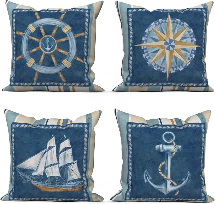 Selbro Maritim Kussensloop 40 x 40 cm set van 4 blauw beige anker kompas zeilboten bank sierkussen kussenovertrek wasbaar polyester vlas textiel outdoor kussensloop