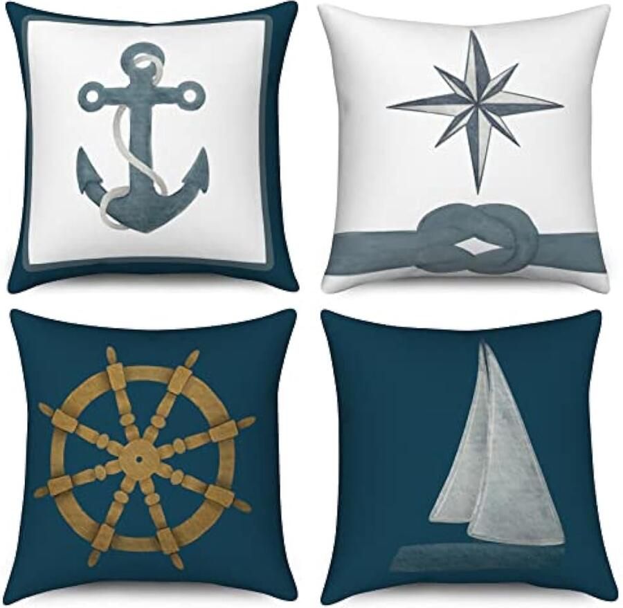 Selbro Maritim Kussensloop 40 x 40 cm set van 4 stuks maritiem anker zeekompas zeilboot bank sierkussen kussenhoes wasbaar polyester linnen textiel kussenovertrek overtrek