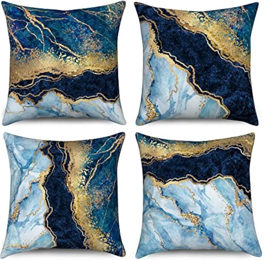 Selbro Marmeren Kussenslopen 40 x 40 cm set van 4 marineblauw en goud abstract marmeren textuur decoratief Kussenhoezen moderne luxe kunst linnen Kussenslopen voor slaapbank bankbed buiten