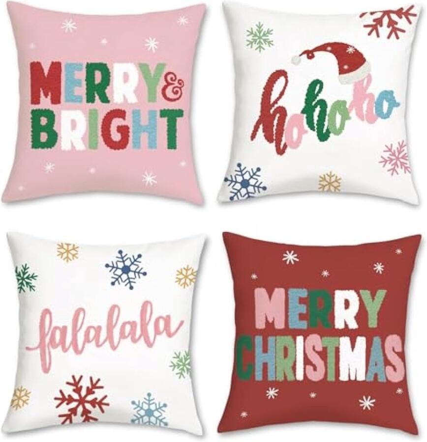 Selbro Merry Christmas Kussenhoezen 45 x 45 cm Merry & Bright Sneeuwvlokken Roze Rood Decoratieve Kussenslopen voor Slaapbank Thuis Winter Vakantie Decor Set van 4