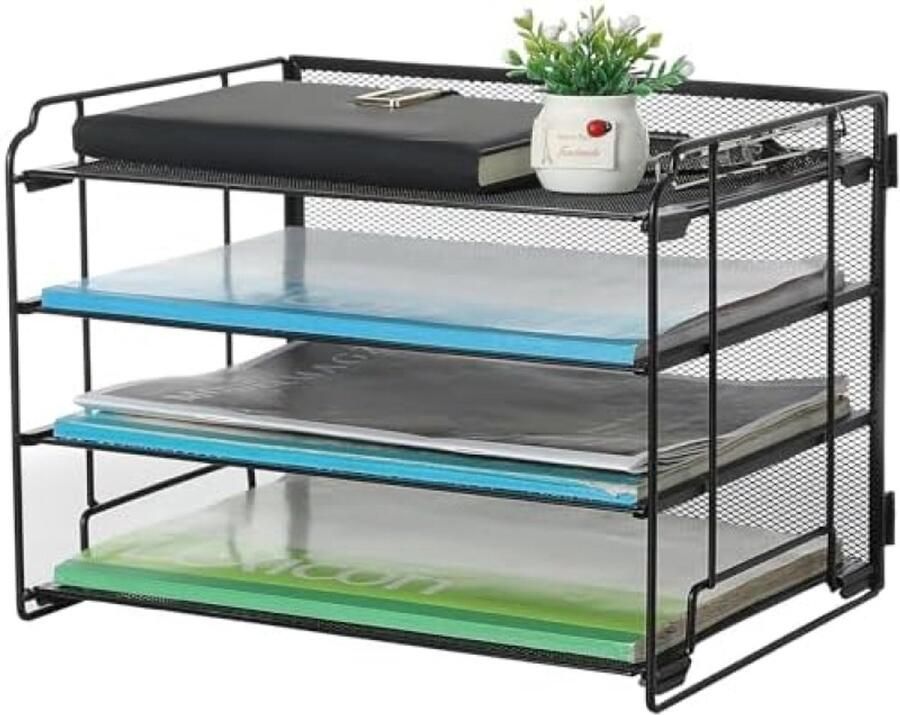 Selbro Mesh Dossierorganisator voor Bureau Desktop Dossierorganisator met 4 Vakken Gemakkelijke Installatie Bureauorganisator voor Kantoorbenodigdheden School en Thuis (Zwart)