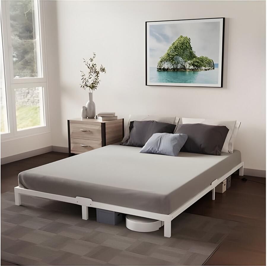 Selbro Metalen Bedframe 180 x 200 cm met Witte Lattenbodem Hoogte 25 cm Robuust en Eenvoudig te Monteren Uitgebreide Opbergruimte
