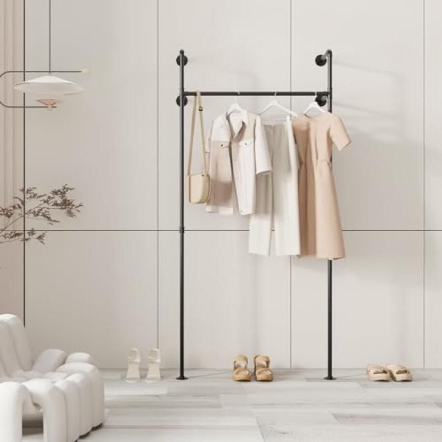 Selbro Modern Kledingrek van Metaalbuis Inloopkast Industriële Stijl Wandgemonteerd 105 x 220 cm Zwarte Kleur