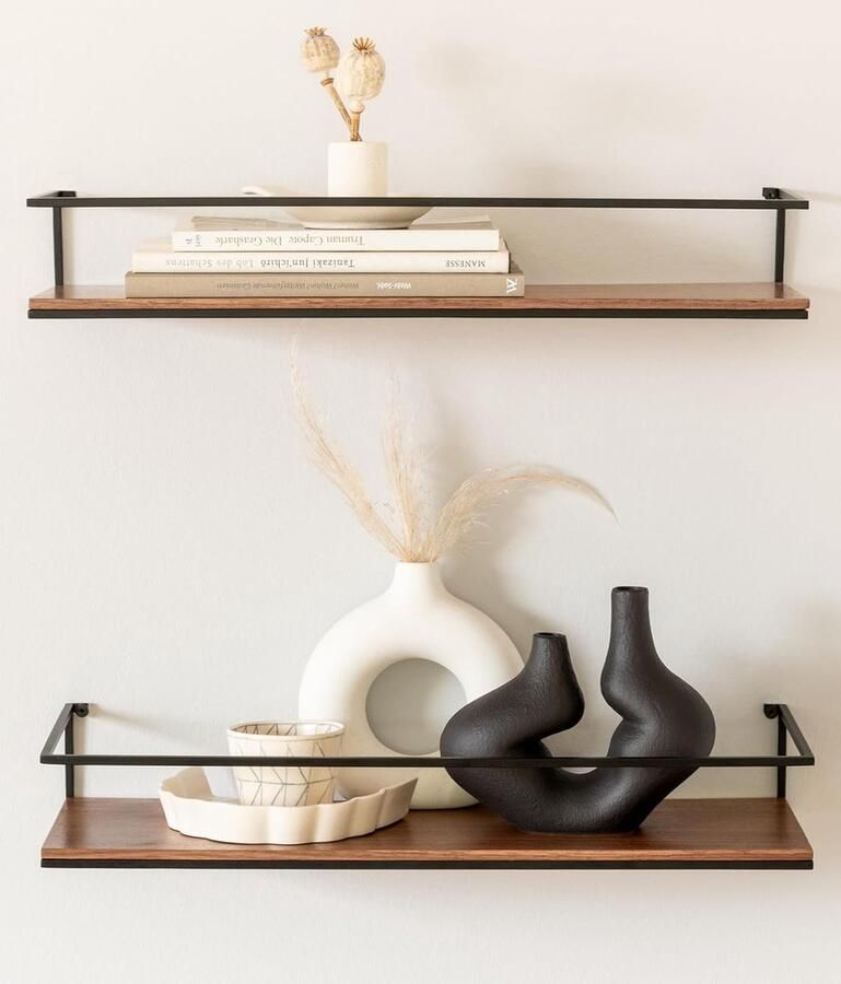 Selbro Moderne Set van 4 Zwevende Wandplanken met Zwarte Metalen Stangen en Houten Planken