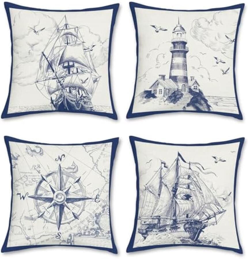 Selbro Nautische zeilbootKussenslopen 45 x 45 cm kompas vuurtoren decoratieve Kussenslopen polyester linnen blauw Kussenslopen voor bank thuis terras buitendecoratie set van 4