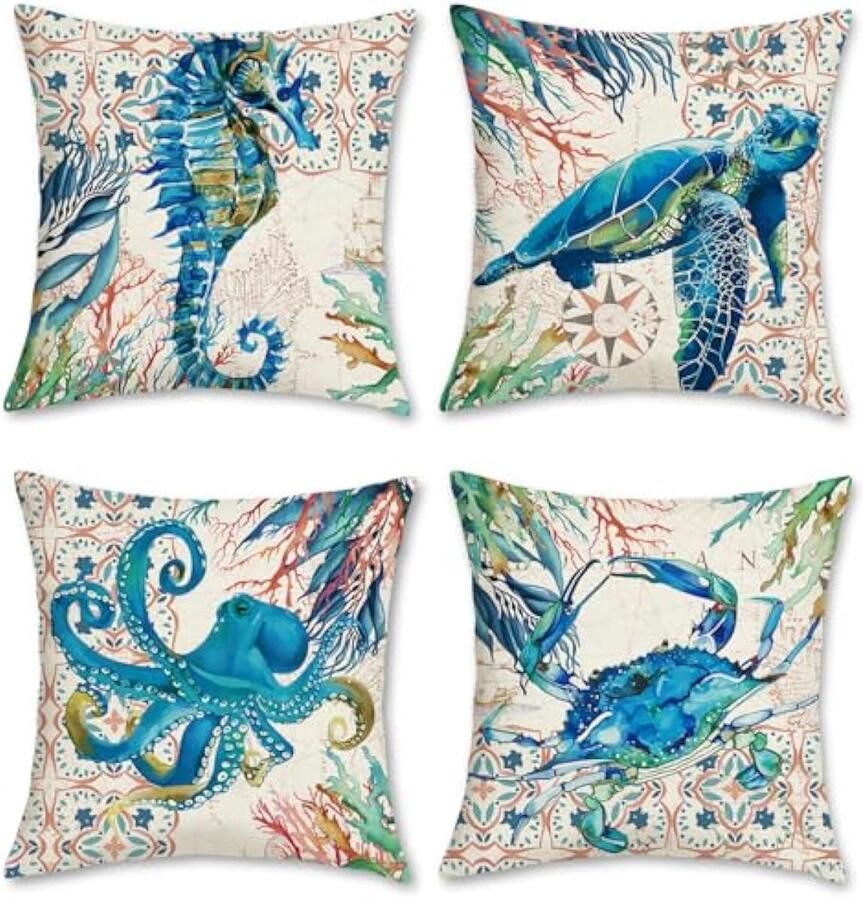 Selbro Oceaan zeeschildpad Kussenhoezen 45cm x 45cm set van 4 zeepaardjes octopus krab koraal decoratief Kussenslopen polyester linnen Kussenslopen voor bank buiten huis decor