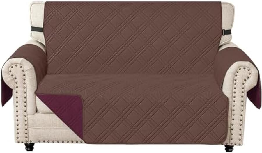 Selbro Omkeerbare Bankhoes 2 Zits Bankhoezen Met Armleuning Universele Sofa Cover Krasbestendig Antislip Sofahoes Jacquard Bankbeschermer Voor Huisdieren Koffie + Bordeauxrood