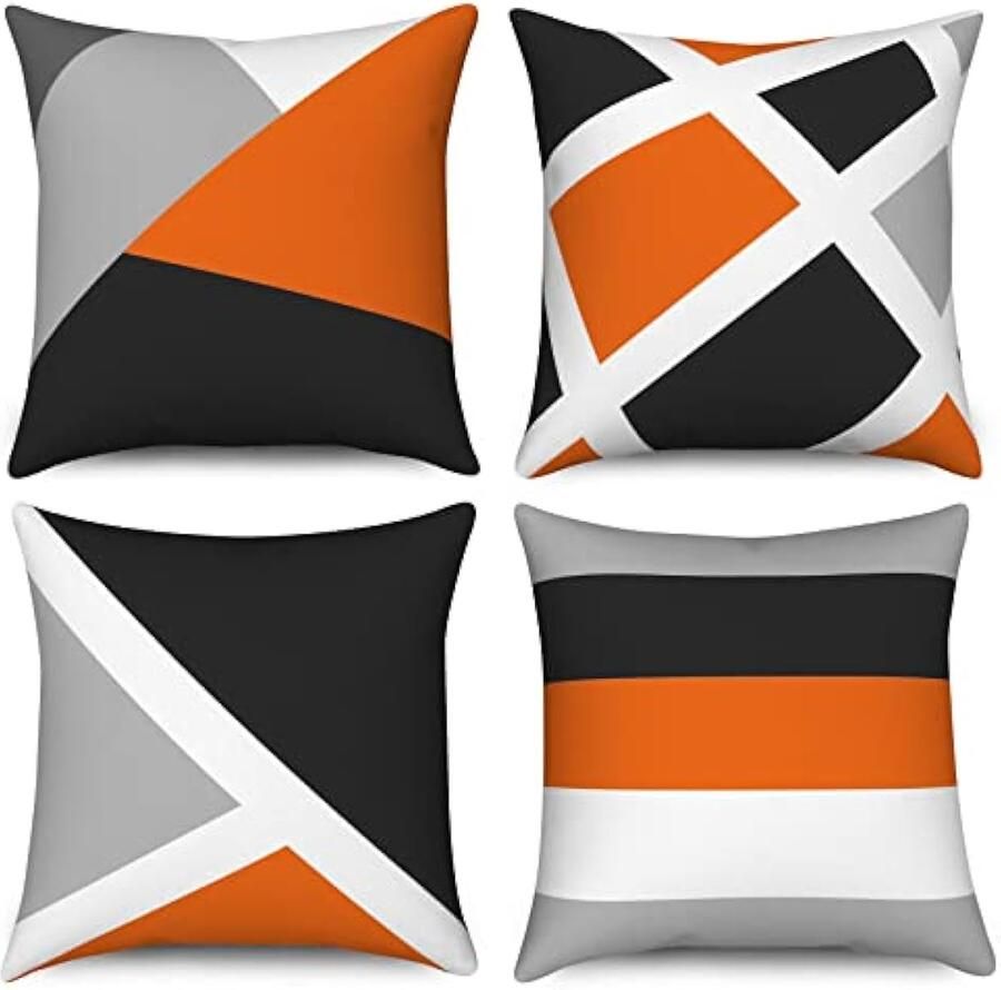 Selbro Oranje Kussenslopen 40 x 40 cm set van 4 grijs en zwart moderne abstracte streep eenvoudige geometrische decoratieve Kussenhoezen linnen Kussenslopen voor bank tuin buiten woondecoratie