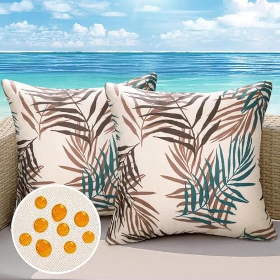 Selbro Outdoor kussenhoes waterdicht 45 x 45 cm waterdicht bankkussen bladpatroon bruin en blauwgroen linnen kussenovertrek voor bank balkon terras patio tuin boerderij decoratie set van 2
