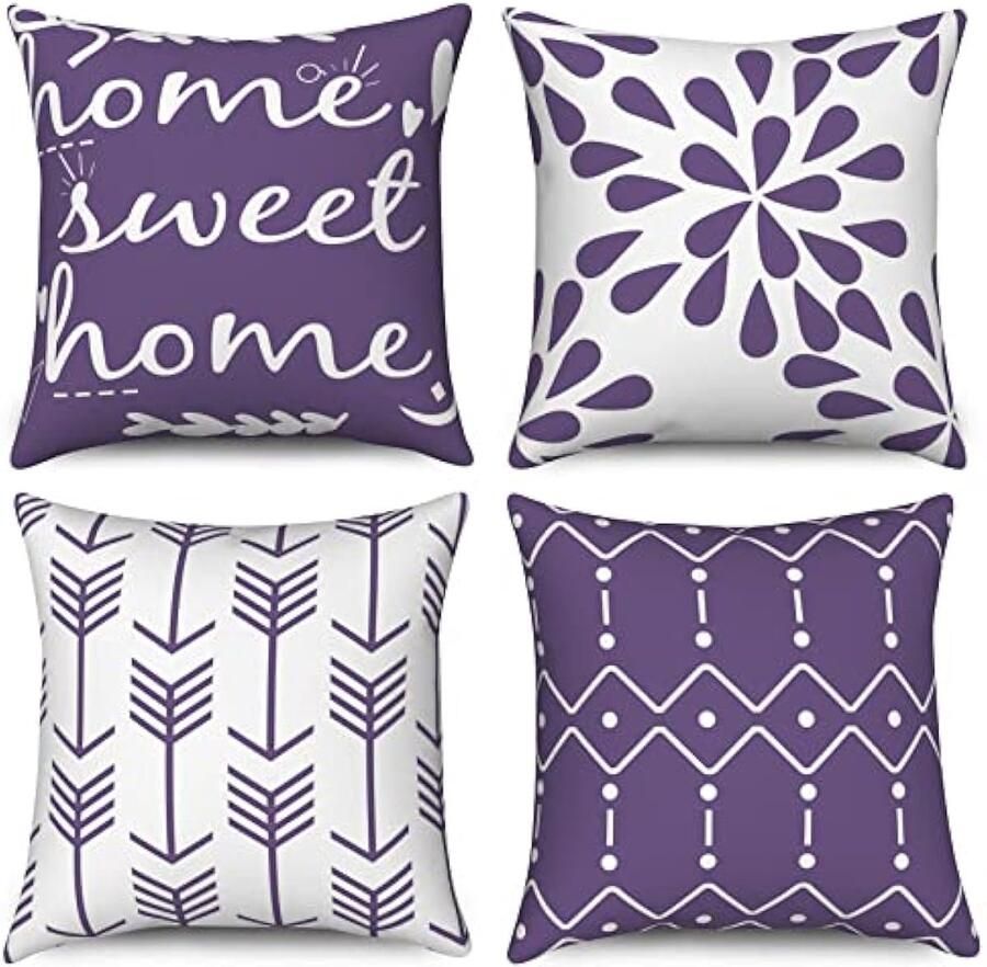 Selbro Paarse en witte Kussenslopen 40 x 40 cm set van 4 Kussenslopen voor thuis zoet huis modern geometrisch patroon neutraal decoratief linnen Kussenslopen voor bank bed tuin woondecoratie