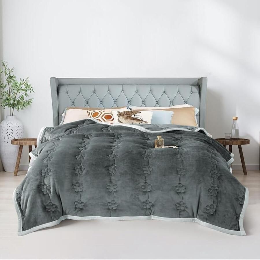 Selbro Pluizige fleece deken voor slaapbank plaid flanel 810 g m² dikke deken voor bank of fauteuil 3-laags katoenen pluche zachte geweven wasbare deken voor winter herfst (grijs 180 x 200 cm)