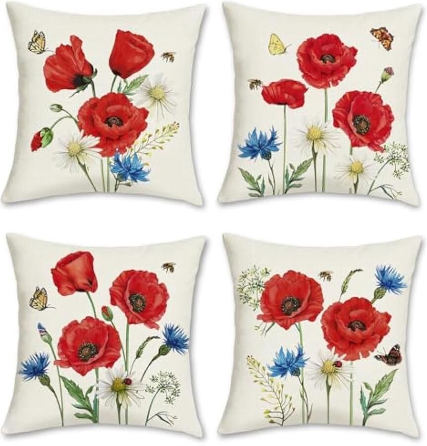 Selbro Rode bloemen Kussenhoezen 45 x 45 cm klaproos bloemen decoratief Kussenslopen polyester linnen Kussenslopen voor bank slaapkamer binnen buiten decor set van 4