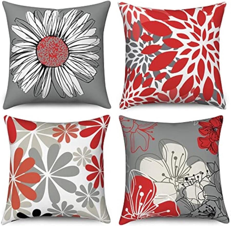 Selbro Rode Kussenslopen 45 x 45 cm set van 4 rood en grijs bloemen decoratieve Kussenhoezen moderne madeliefje boerderij linnen Kussenslopen voor bank tuin buiten woondecoratie