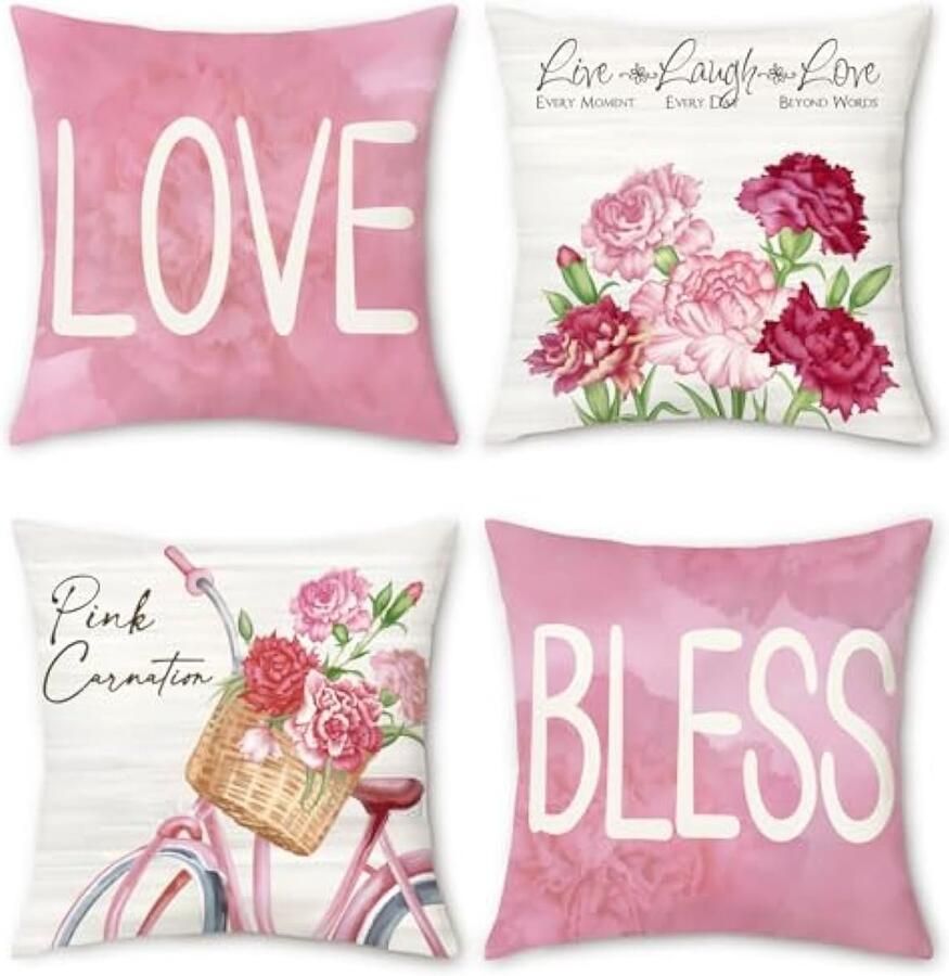 Selbro Roze bloemen Kussenslopen 45 x 45 cm anjer bloemen liefde zegen decoratieve sierKussenslopen roze Kussenslopen voor slaapbank patio woondecoratie set van 4