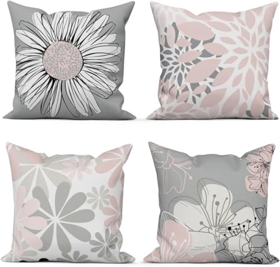 Selbro Rozen-kussensloop 40 x 40 cm set van 4 modern roze grijs bloemenpatroon voor bank sierkussen wasbaar polyester vlas textiel outdoor hoofdkussenovertrek