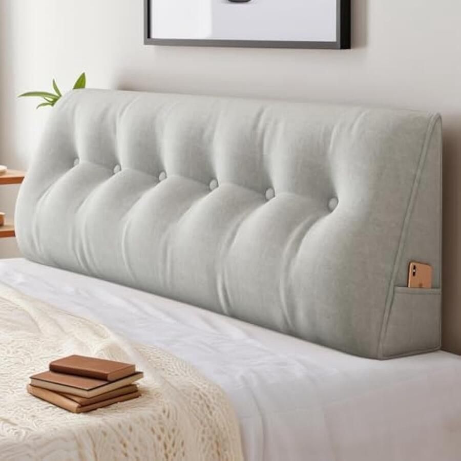 Selbro Rugkussen leeskussen bed wigvormig kussen groot voor bed en bank 2-in-1 rugleuning en hoofdkussen met zijvak af mobiel en wasbare overtrek (150 x 50 x 20 cm lichtgrijs)
