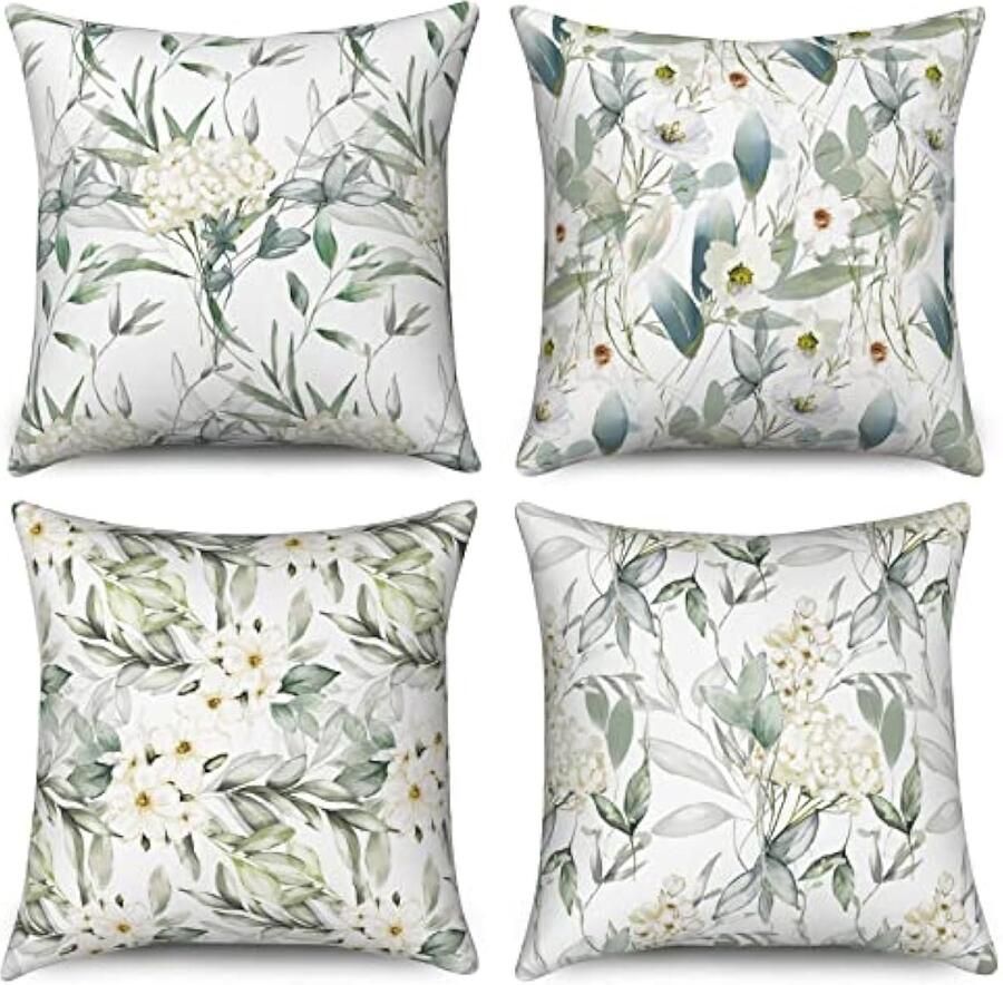Selbro Sage Green Kussenslopen 45 x 45 cm set van 4 Aquarel Bloemen en Bladeren Plant Botanische Decoratieve SierKussenslopen Linnen Vierkante Kussenslopen voor Sofa Bank Bed Tuin Outdoor Home Decor