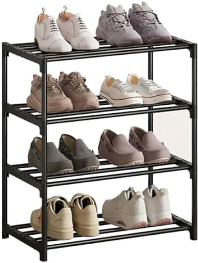 Selbro Schoenenrek met 4 niveaus opslag roestwerende coating klein slank stapelbaar geschikt voor slaapzaal huurhuis balkon - Foto 2