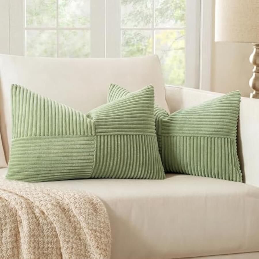 Selbro Set van 2 Corduroy Fluwelen Kussenhoezen Modern Zacht Decoratief voor Bank Slaapkamer 30x50cm Lichtgroen