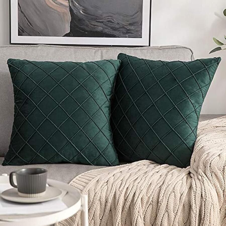 Selbro Set van 2 fluwelen kussenhoezen met vierkant patroon decoratieve sierkussenhoes superzacht voor woonkamer slaapkamer bank donkergroen 50 x 50 cm 20 x 20 inch