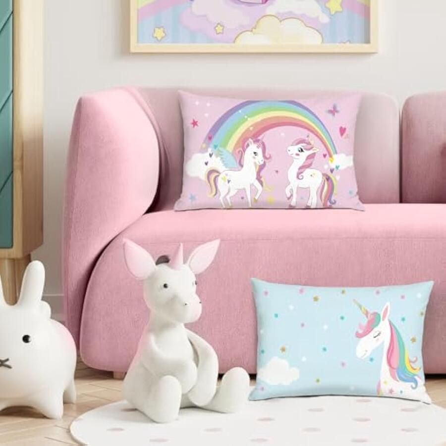Selbro Set van 2 Kussenslopen eenhoorn 30 x 50 cm regenboog blauw roze decoratief Kussenhoezen voor bank thuis kinderkamer decoratie