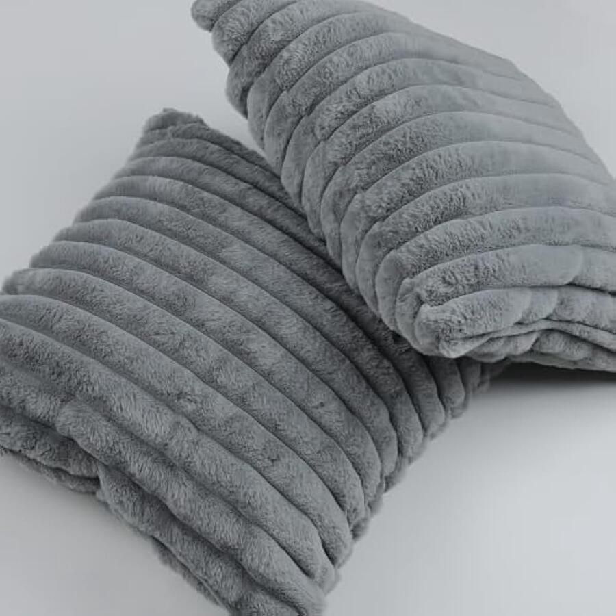 Selbro Set van 2 Kussenslopen grijs 45 x 45 cm gestreept imitatiebont pluche decoratieve Kussenhoezen sierkussenovertrekken voor bank slaapkamer woonkamer auto woondecoratie