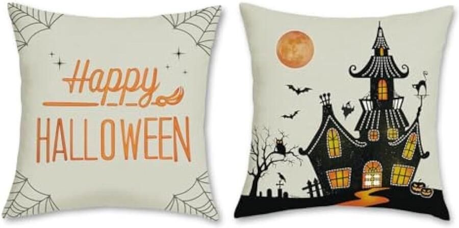 Selbro Set van 2 Kussenslopen Halloween grijs 45 x 45 cm burcht zwart oranje polyester linnen decoratieve Kussenhoezen sierKussenslopen voor bank slaapkamer woondecoratie