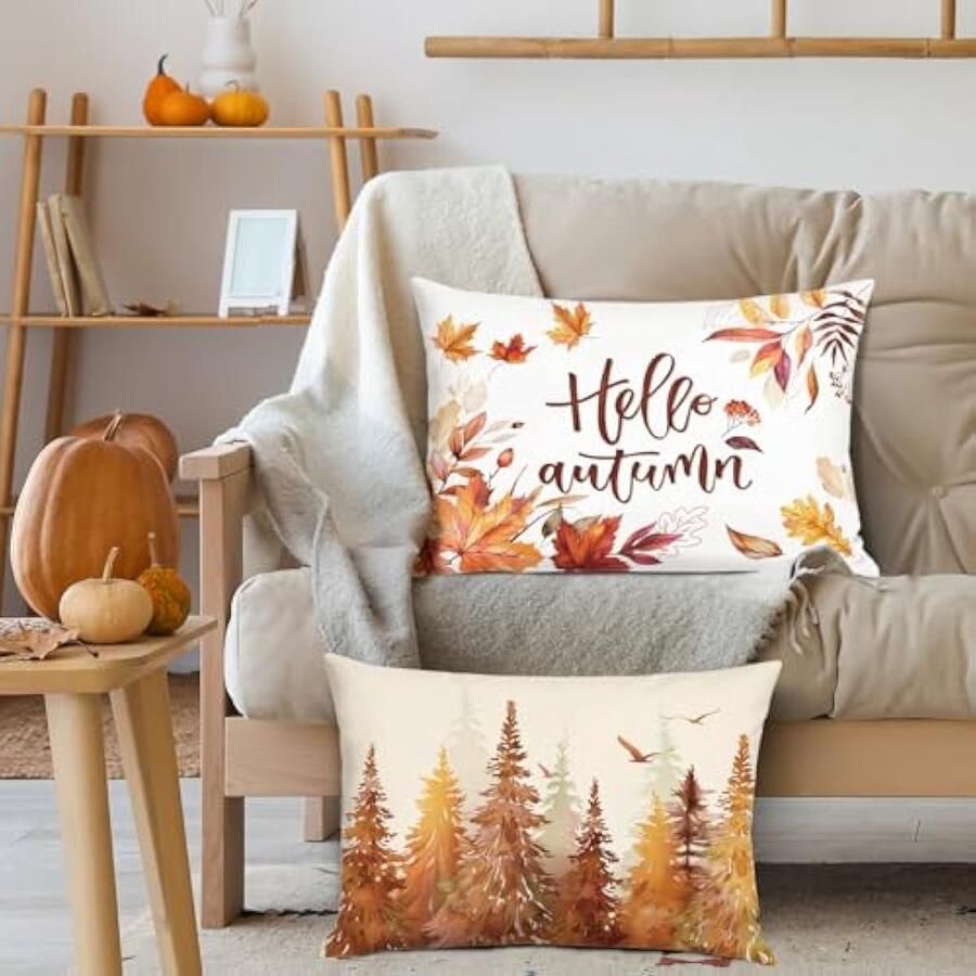 Selbro Set van 2 Kussenslopen herfst 30 x 50 cm herfstbladeren bomen bos zacht fluweel decoratieve Kussenhoezen sierkussenovertrekken voor bank woondecoratie