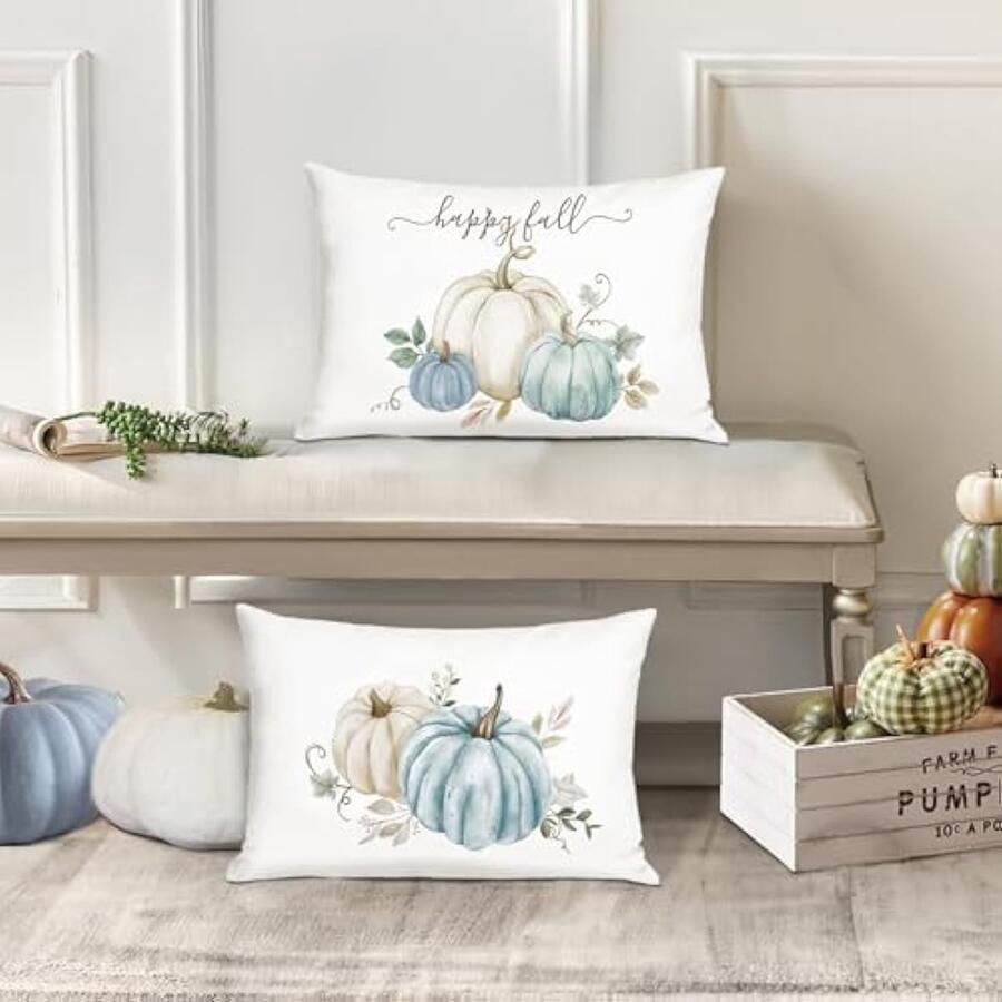 Selbro Set van 2 Kussenslopen herfst pompoen 30 x 50 cm beige blauwe pompoenen decoratief Kussenhoezen voor bank thuis herfst oogstfeest decoratie