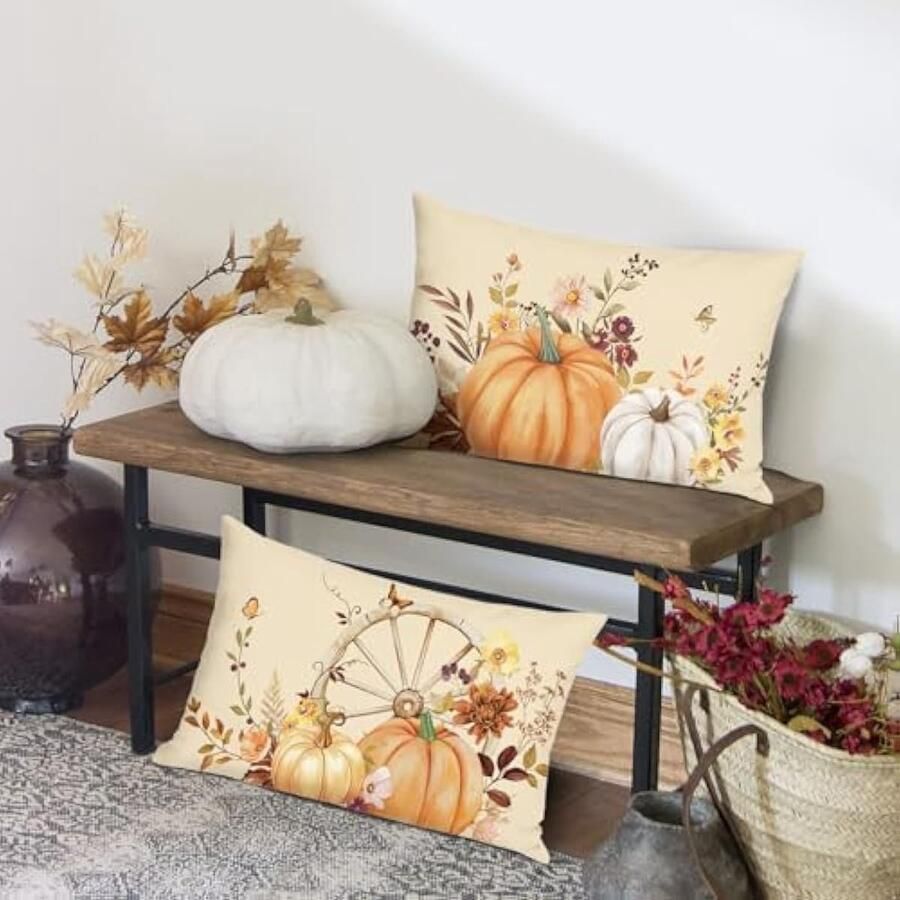 Selbro Set van 2 Kussenslopen herfst pompoen 30 x 50 cm beige oranje pompoenen bloemen decoratief Kussenhoezen voor bank bed thuis herfst decoratie