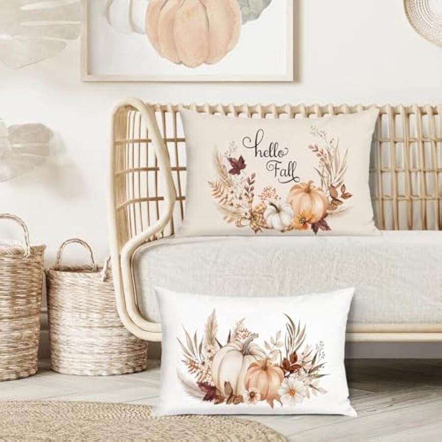 Selbro Set van 2 Kussenslopen herfst pompoen 30 x 50 cm beige oranje pompoenen bloemen decoratief Kussenhoezen voor bank thuis herfst oogstfeest decoratie