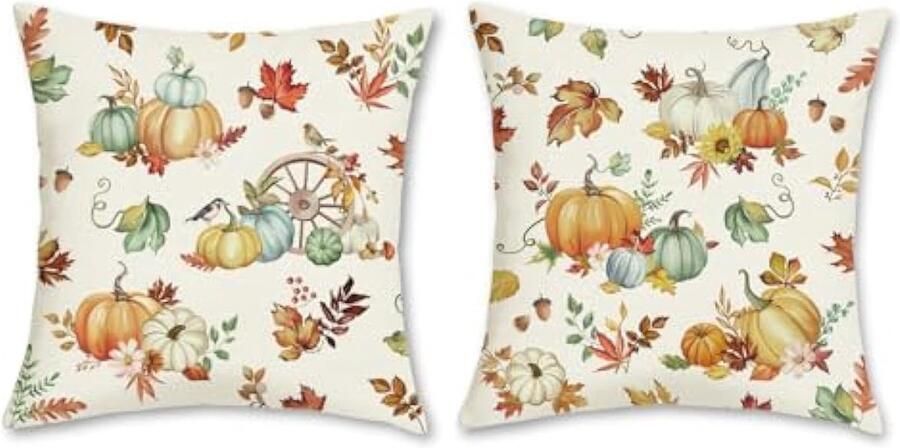 Selbro Set van 2 Kussenslopen herfst pompoen 45 x 45 cm bladeren pompoenen blauw oranje polyester linnen decoratief Kussenhoezen sierKussenslopen voor bank tuin thuis decoratie