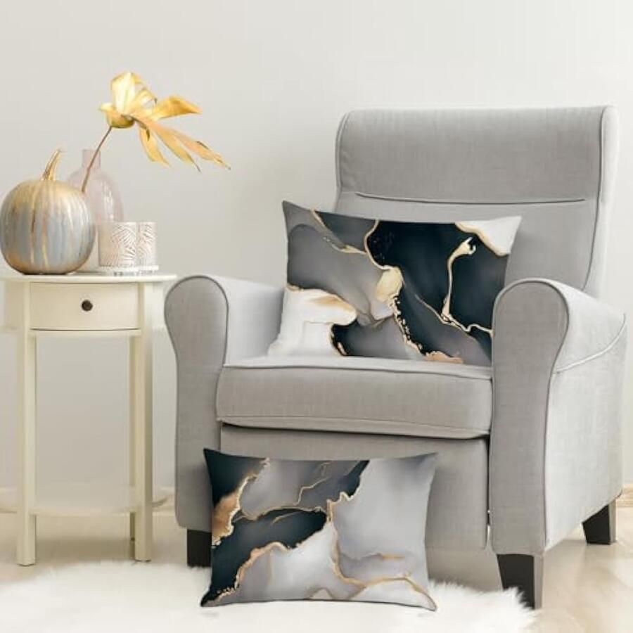 Selbro Set van 2 Kussenslopen marmer zwart 30 x 50 cm zwart grijs goud abstract modern decoratief Kussenhoezen sierkussenovertrekken voor bank slaapkamer woondecoratie