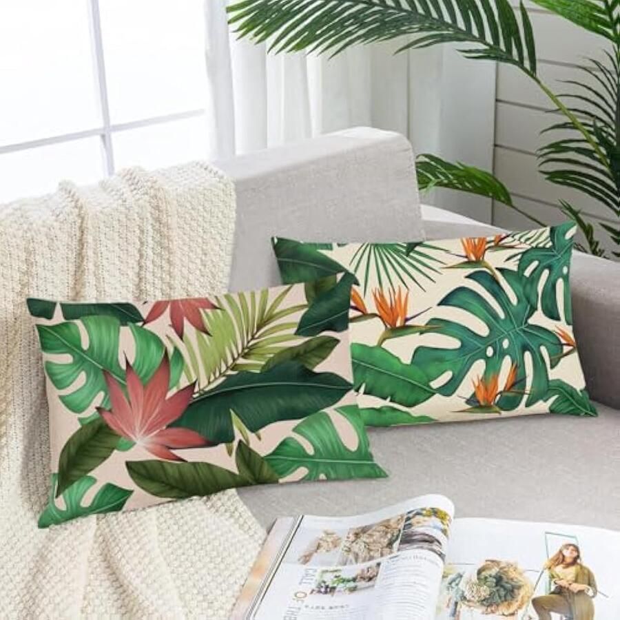 Selbro Set van 2 Kussenslopen met tropische bladeren 30 x 50 cm groen blad plant decoratief Kussenhoezen voor bank bed terras tuin buitendecoratie set van 2