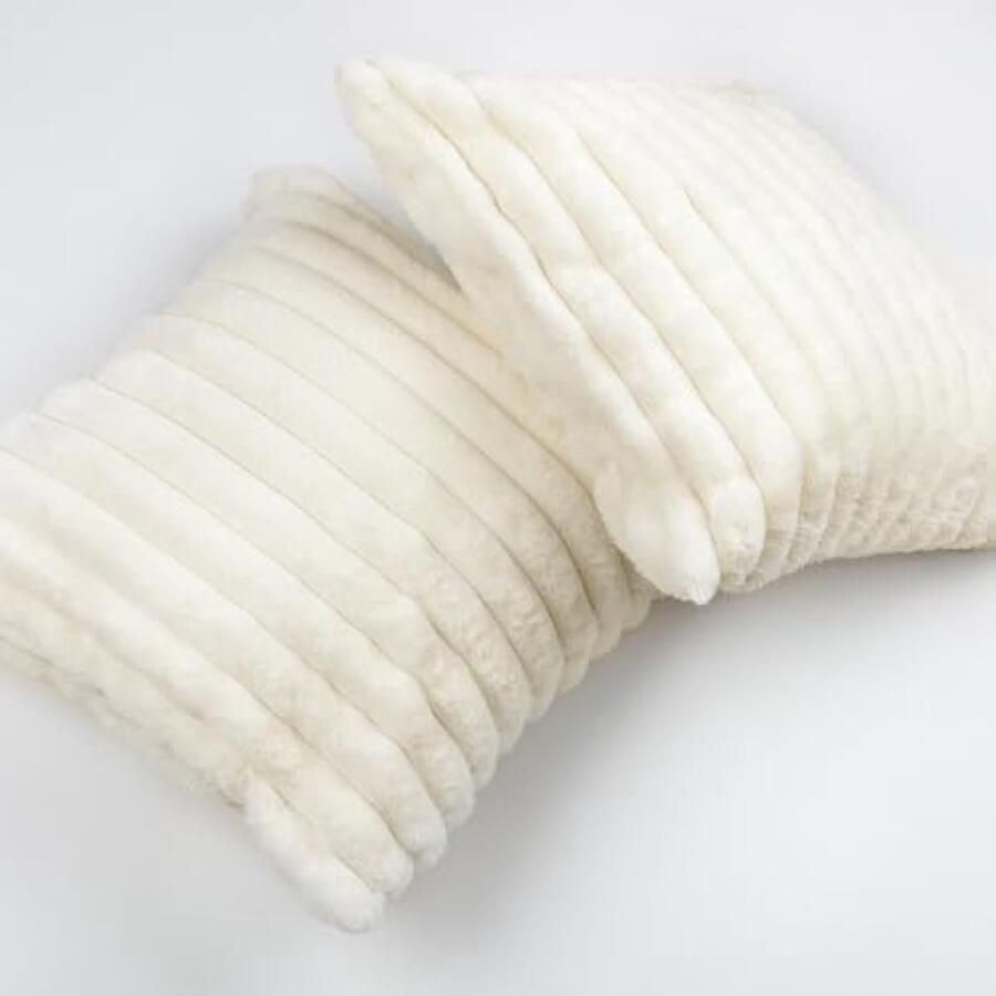 Selbro Set van 2 Kussenslopen van 45 x 45 cm crèmewit zacht pluizig gestreept imitatiebont pluche decoratieve Kussenhoezen voor bank bed thuis tuin terras decoratie set van 2