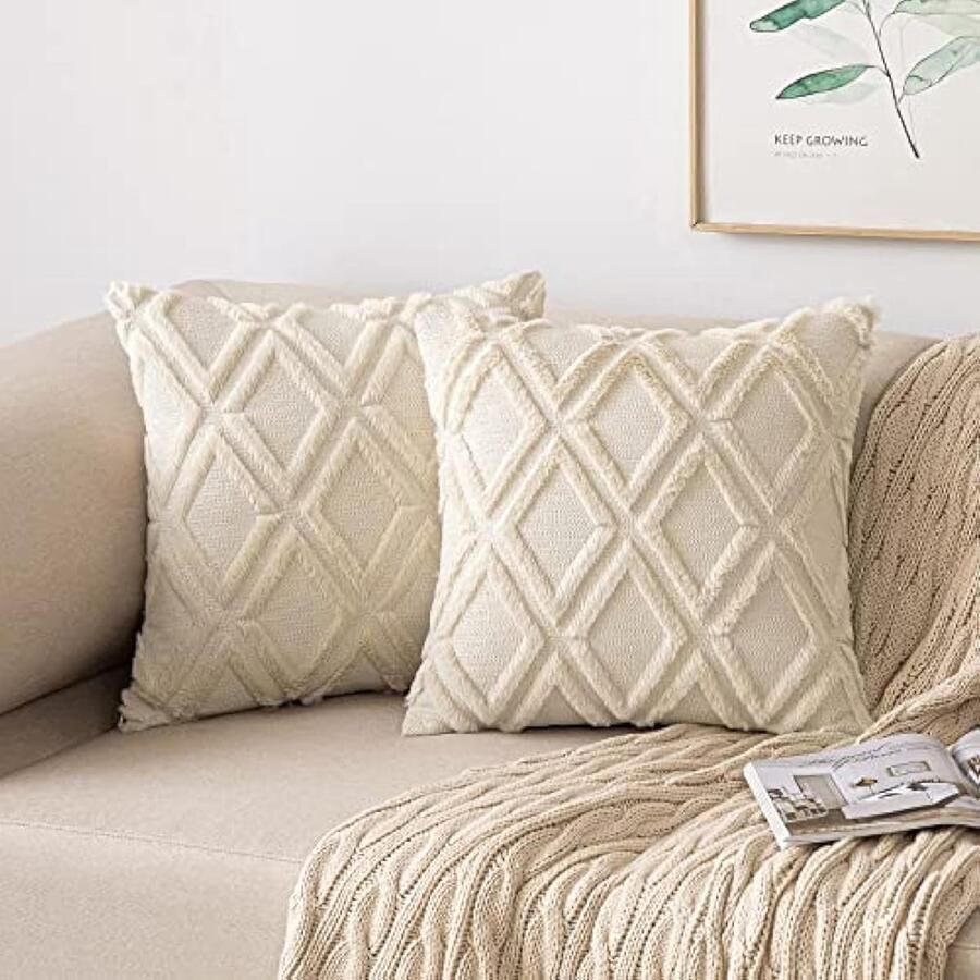 Selbro Set van 2 wollen fluwelen Boho kussenhoezen Decoratieve kussenhoezen voor bank Slaapkamer Woonkamer 45 x 45 cm Beige