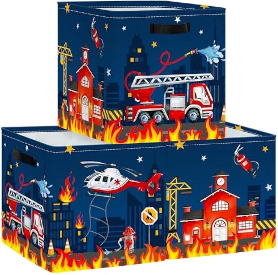 Selbro Set van 3 opbergdozen auto's opbergkubussen voor kast kledingmand voor kinderen speelgoedkist en boeken voor kinderkamer brandweerwagen 30x30x30cm