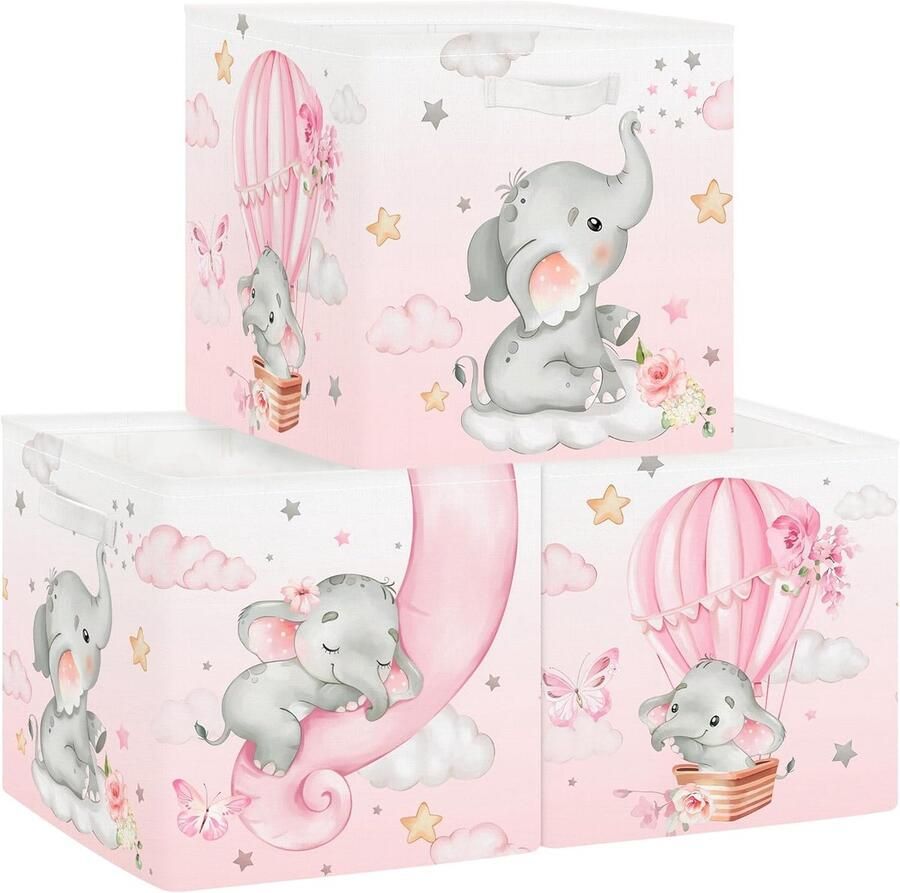 Selbro Set van 3 opbergdozen Droomdier Opbergkubussen voor Kast Sterrenwolken Ballon Kledingmand voor Kinderen Speelgoedkist en Boeken voor Kinderkamer Olifant 30x30x30cm